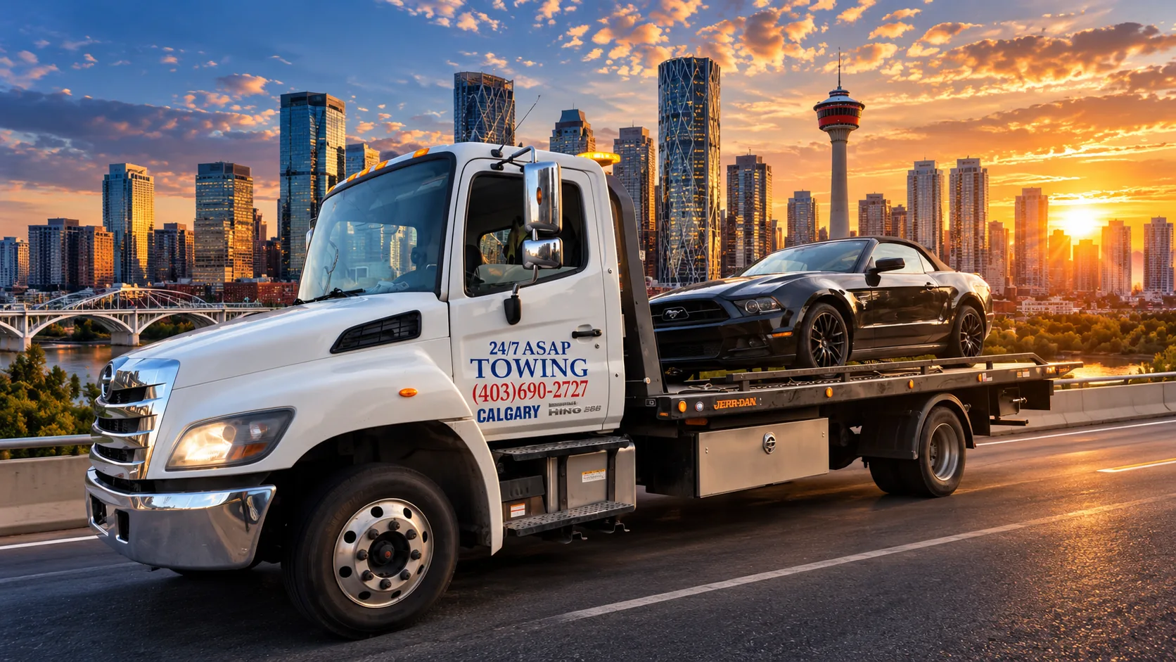24/7 ASAP Towing flatbed truck loaded with a convertible, with the Calgary skyline and Calgary Tower at sunset behind it